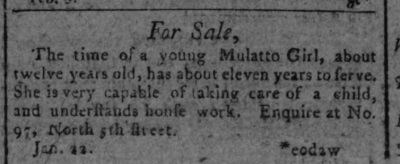 1798 Philadelphia advertisement for a 12-year-old enslaved child.